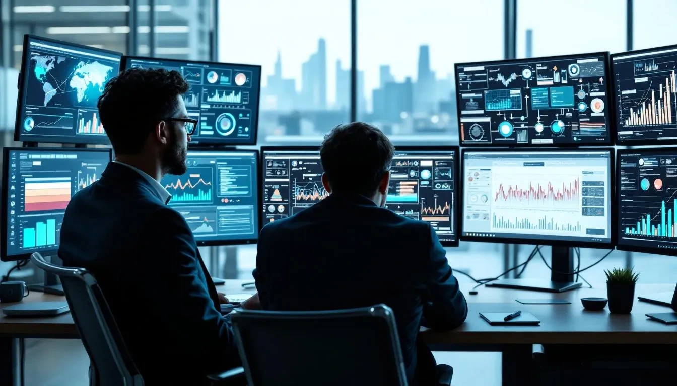 A professional is deeply focused on analyzing data across multiple computer screens, featuring advanced AI interface elements that enhance workplace culture and employee engagement. This scene reflects the evolving work environment, emphasizing the importance of mental health and effective communication in navigating the complexities of modern job security and career growth.